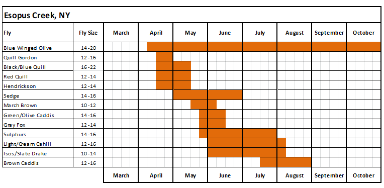 Esopus Creek Hatch chart for fly fishing